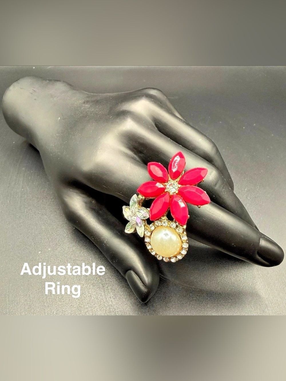 Adjustable Pink Floral Statement Ring